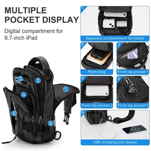 Large Black Sling Bag for Men Women, Mini Anti Theft One Strap Motorcycle Sling Backpack, Small Sling Chest Bag Daypack Crossbody Backpack with Usb Port for Casual Travel Hiking Gym Outdoor Sports