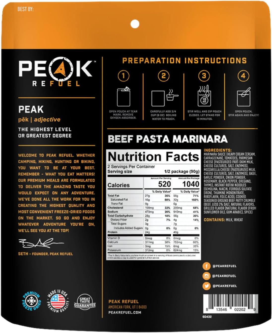 Peak Refuel Beef Pasta Marinara | 49g Protein | 1040 Calories | 100% Real Meat | Premium Freeze Dried Backpacking & Camping Food | 2 Servings | Ideal MRE Survival Meal