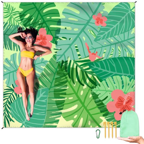 Beach Blanket Waterproof Sandproof Large Beach Mat 79" X 83" for 2-4 Adults Sand Free Mat Quick Drying,Lightweight & Durable with 4 Stakes & 4 Corner Pockets for Beach Travel Camping Hiking.(Green)