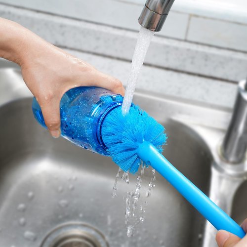 MOSOLAN 2-in-1 Water Bottle Brush and Straw Cleaner Brush, Long Handle Scrub Brush with Replaceable Head for Water Bottles, Glasswares, Mugs, Flasks, Tumblers, Vases, and Kitchen Sink, Breezy Blue