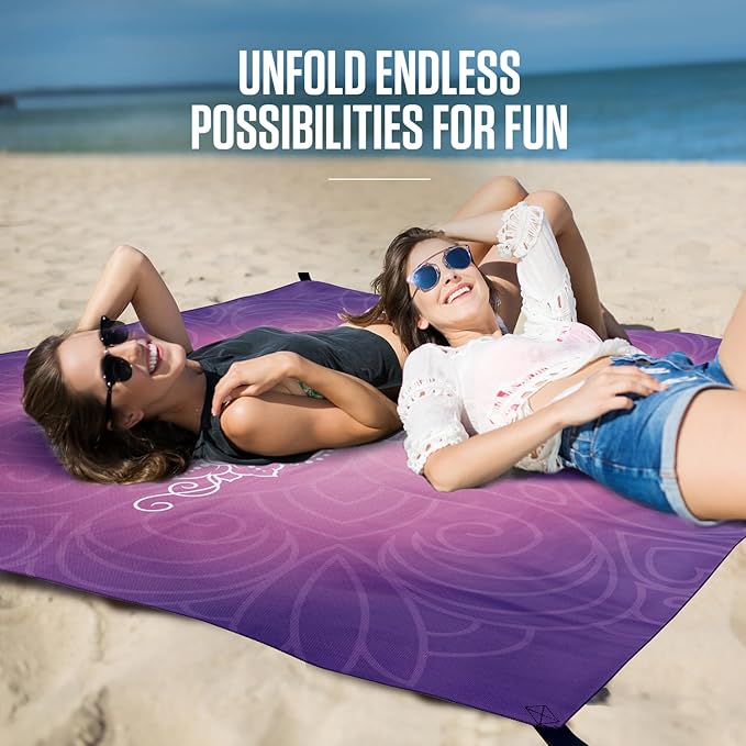 VENTURE 4TH Family-Size Beach Blanket: Sandproof, Waterproof, Lightweight & Compact. Includes Stakes and Carry Bag. 7x8 feet XL Purple Mandala