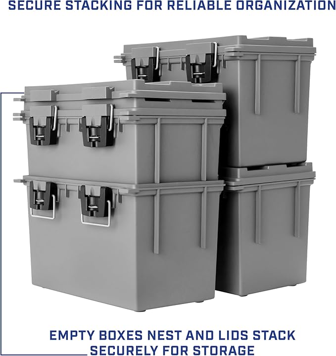 Sheffield 12766 4-Pack XL Ammo Storage Box, Stackable .50 Cal Field Boxes, Water and Dust Resistant, Lockable Storage Box with Handle, Heavy Duty Protection for Hunting Gear, Made in the USA, Gray
