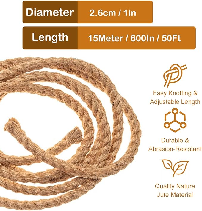Thick Twisted Manila Ropes 1inchx50ft Natural Jute Rope Heavy Duty Hemp Rope for Swing Bed, Crafts, Railing, Tug of War, Landscaping, Gardening, Bundling, Hammock, Home Decorating