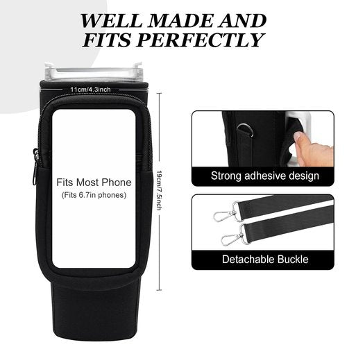 PRAGATISM Water Bottle Carrier Bag with Phone Pocket for Stanley Cup 40 oz,Water Bottle Holder Pouch with 4.9FT Adjustable Strap for Stanley Cup Accessories(Black)