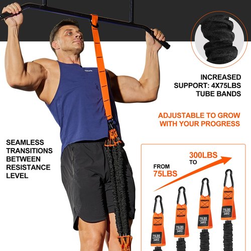 Pull Up Assistance Bands Set - 4 Heavy Duty Resistance Bands 300lbs, Adjustable Weight/Size with Footrest, Home Gym Strength Training (Orange)