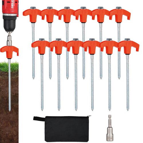 12 Pack Screw in Tent Stakes Heavy Duty,8 Inch Ground Anchors Screw in,Metal Stakes with Hex Head Driver,Camping Tent Accessories.(Orange)