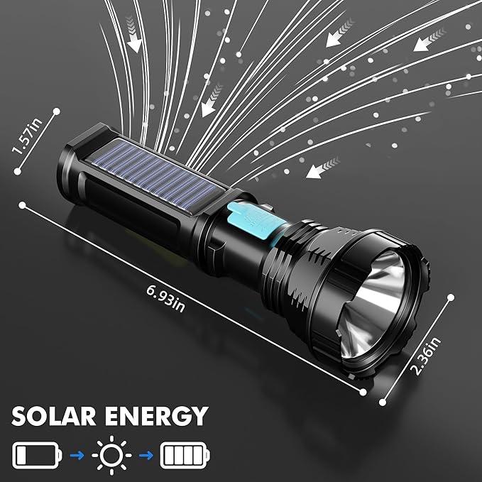 Solar/Rechargeable LED Flashlights, Multi Function Flashlight with 2000 mAh Battery, Emergency Strobe Light, Waterproof, Fast USB Charging, Survival Gear and Supplies for Camping, 2 Pack