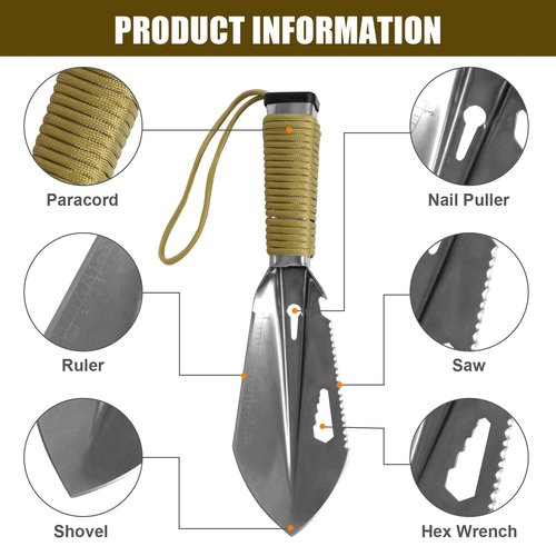 Tactical Mini Hand Shovel Small Camping Shovel Portable Backpacking Trowel Survival 7 in 1 Shovel Versatile Gardening Trowel for Camping, Gardening, Outdoor Survival (Silvery)