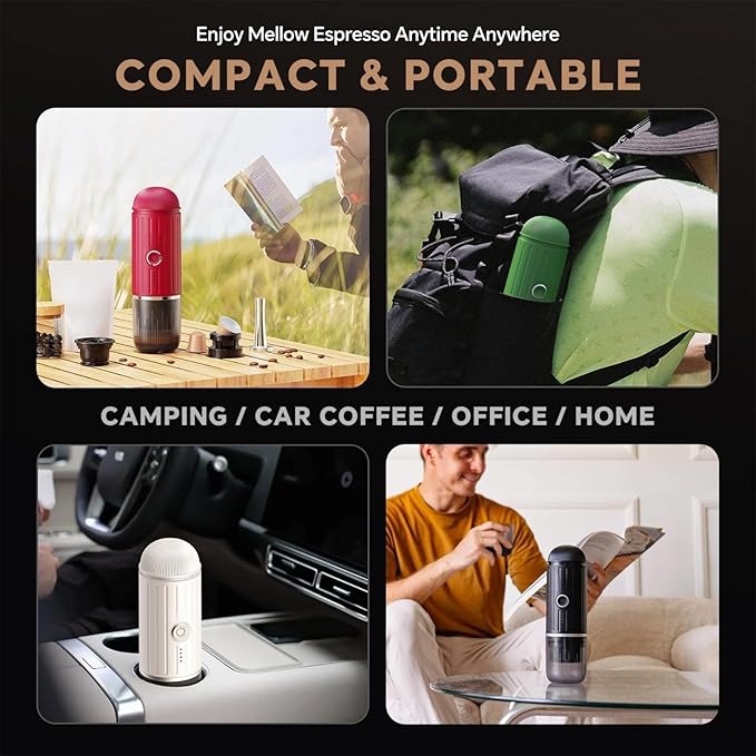 Portable Espresso Machine with Self-heating, 12V 7500mAh Rechargeable Electric Coffee Machine 19 Bar Compatible with NS Capsules and Ground Coffee for Car Camping Travelling, White