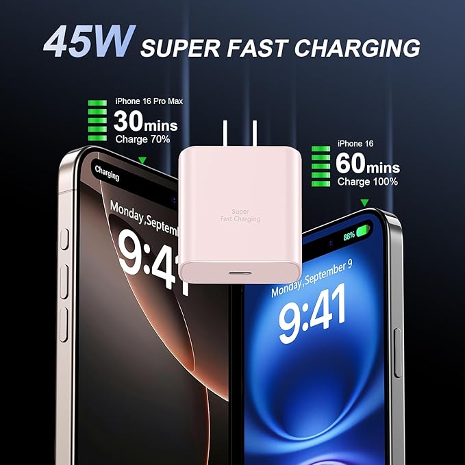 Phone 16 Pro Max Charger Fast Charging, 45W USB C Phone 16 Super Fast Charger Block with 6.6ft Long Type C Charging Cable Cord for Phone 16/16 Pro/16 Pro Max/16 Plus, 15/15 ProMax/Pro/Plus-2pack Pink