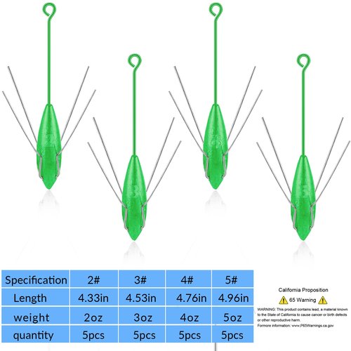 5 Pcs Sputnik Sinkers Surf Fishing Weight, Heavy-Duty Long Tail Fishing Weights Saltwater Surf Casting Sinkers,Fishing Weights Sinkers Spider Weights Surf Casting Sinkers（Green-2oz）