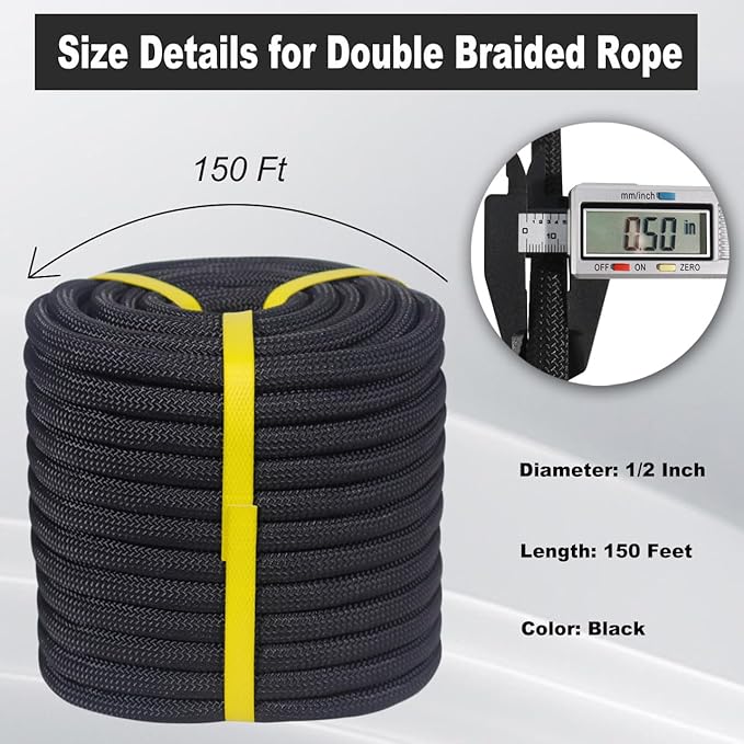 Double Braided Arborist Rope - 1/2 Inch x 150 Feet Polyester High Strength Climbing Rope for Tree Work, Swing, Halyard, Sailing(Black)