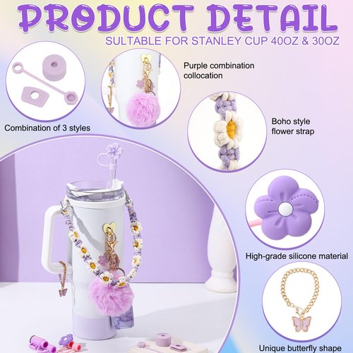 XLSXEXCL 14 Pcs Purple Cup Accessories Set for Stany,Including Water Bottle Handle Strap,Spill Stopper,Silicone Boot,Chapstick Holder,Charms for Stany,3 Pcs Silicone Straw Cover for Stany Cup