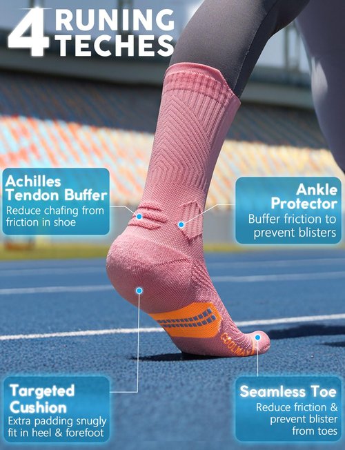 Bamboo Viscose Compression Running Crew Socks, Moisture Wicking Anti-Blister Hiking Athletic Cycling Gym Socks (US, Alpha, Medium, Regular, Regular, Classic Black+Glacier White+Dusty Pink)