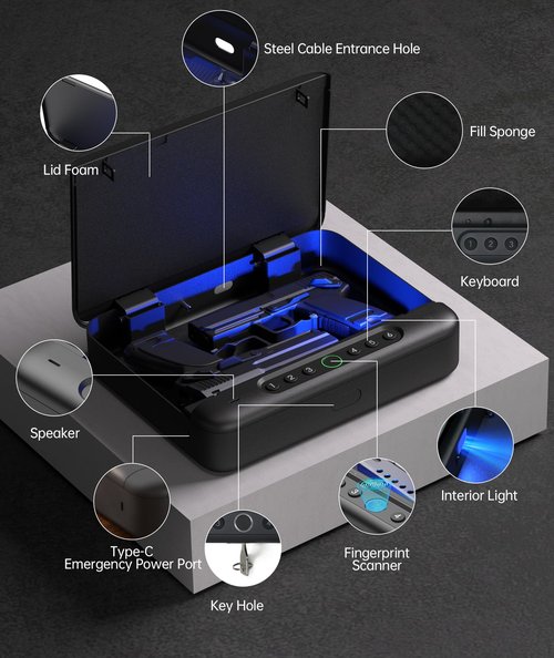 PINEWORLD Biometric Gun Safe For Handgun, 4 Quick-Access Unlock APP|Fingerprint|Passcode|Key with Voice Prompt,Pistol Locker For Nightstand/Office/Car, Remote Control