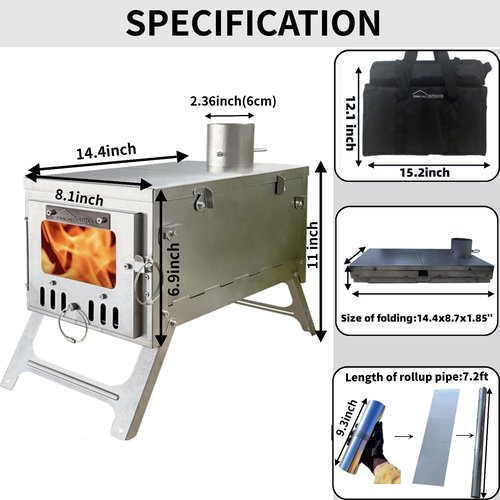 DANCHEL OUTDOOR S6 Portable Folding Hot Tent Camping Stove, 304 Stainless Steel Small Tent Wood Stove with 7.2ft Pipe for Winter Survival,Cooking, Backpacking