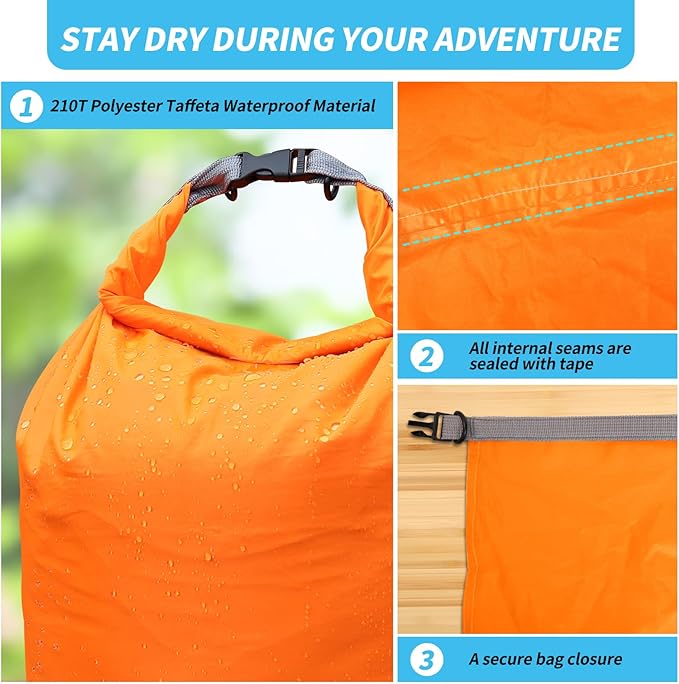 Dry Bag Set, Waterproof Small Lightweight Dry Bags for Paddle Board Kayaking, Fishing, Camping (Orange, 2L+5L+10L)