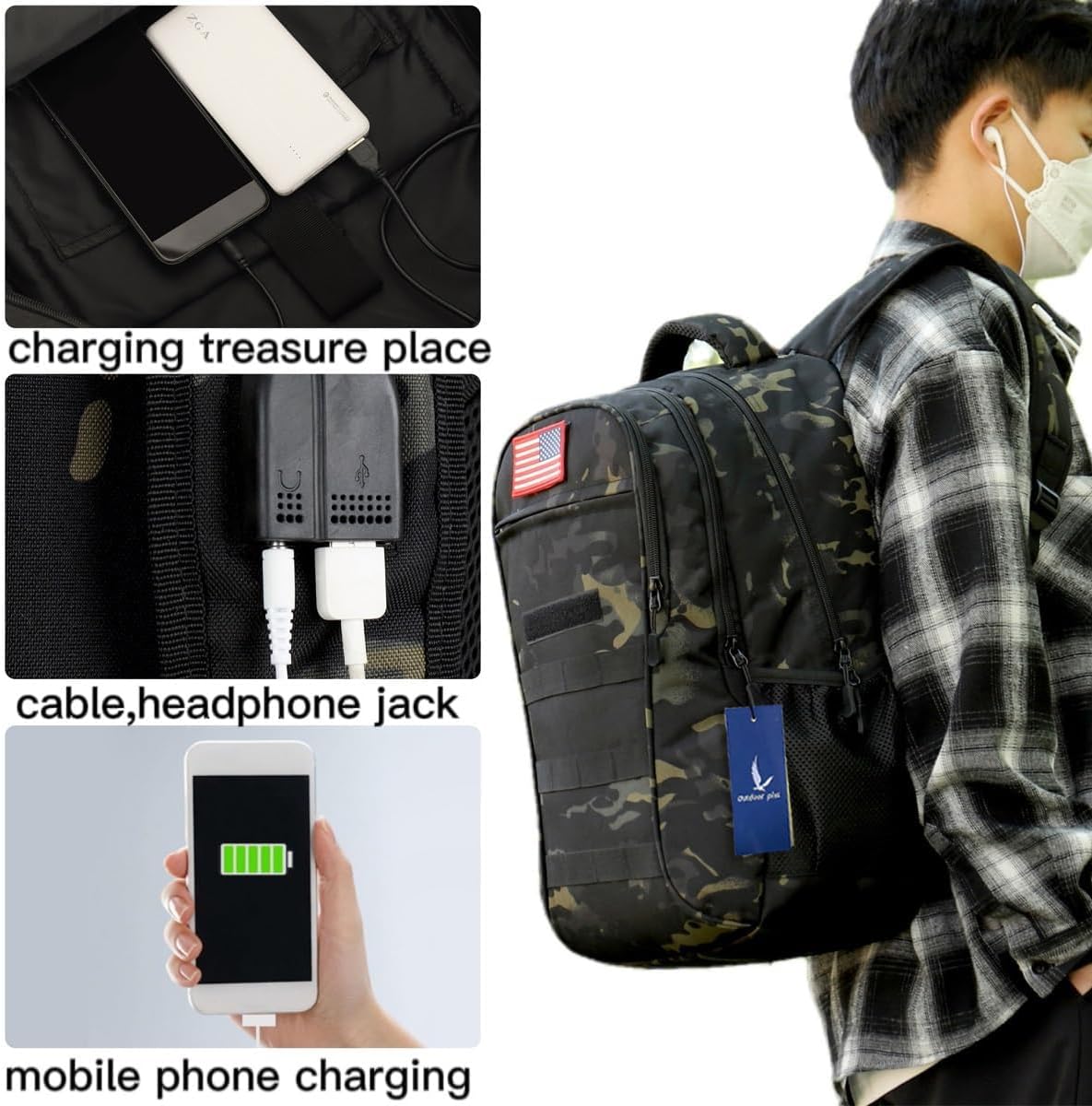 outdoor plus Camo Backpack,Military Boys Backpacks for School,40L Army Bookbag with USB Charging Port Waterproof