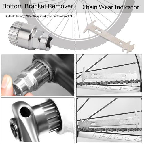 Bike Repair Tool Kit,Bicycle Tire Chain Repair Tool with Chain Breaker,Link Plier,Crank Puller Extractor,Bottom Bracket Remover,Spoke Wrench,Patches,Levers,Versatile Multitool,Clean Brush
