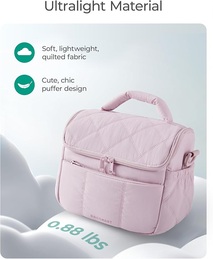 BAGSMART Insulated Lunch Bags for Women, Cute Quilted Lunch Box, Lightweight Puffy Padded Waterproof Lunch Tote, Reusable Lunch Cooler for Work Picnic Travel, Light Blue