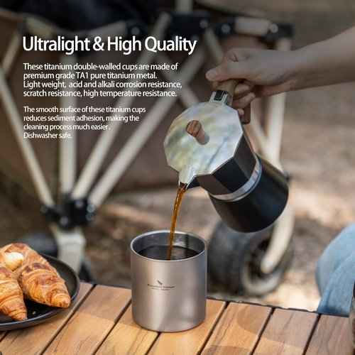 Boundless Voyage Titanium Double Walled Cups Ultralight Stackable Storage Metal Tea Coffee Drinking Mug Durable Portable Cup for Outdoor Camping Daily Use (3 Cups Set)