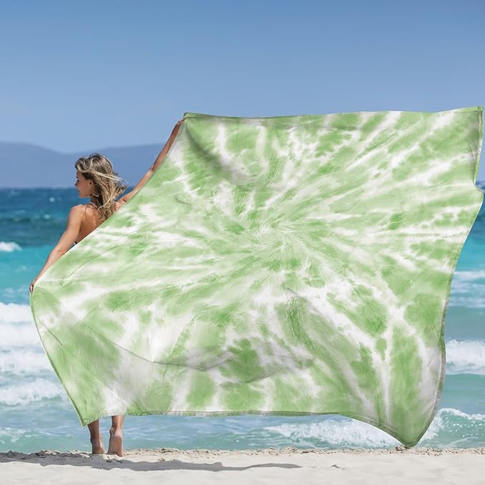 Green Tie-Dye Beach Blanket Sandproof, Large 78"×86" Beach Mat Sand Free Waterproof Fits Up to 4 Adult, Compact Quick Dry Polyester Outdoor Picnic Blanket with Stakes for Travel, Camping, Hiking