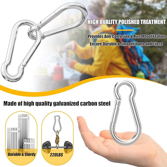 200PCS Spring Snap Hook Carabiner, 3/16" Galvanized Steel Snap Clip Hook, 2" Heavy Duty Quick Link Clip Keychain, 220LBS Holding Capacity Carabiner Clip for Camping Gym Outdoor, Door Leash & Harness