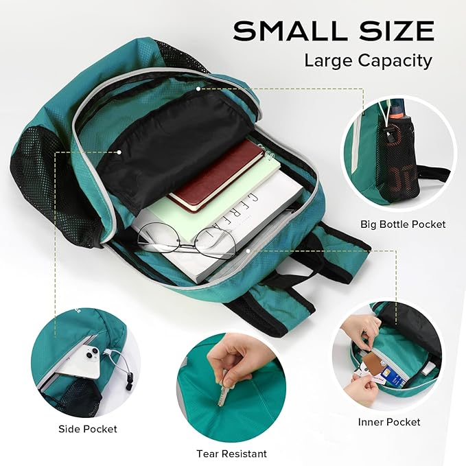 15L Water-resistant Hiking Daypack, Small Backpack Travel Outdoor, Lightweight Day Pack with Tool Loops
