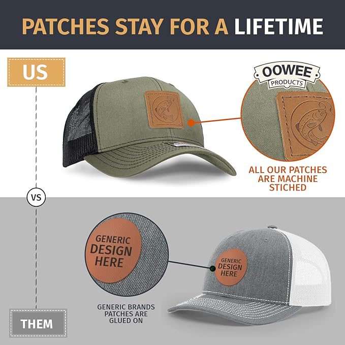 Leather Patch Hat for Men - Richardson 112 Trucker Hat w/Full-Grain Leather Patch, Laser-Engraved, Machine-Stitched