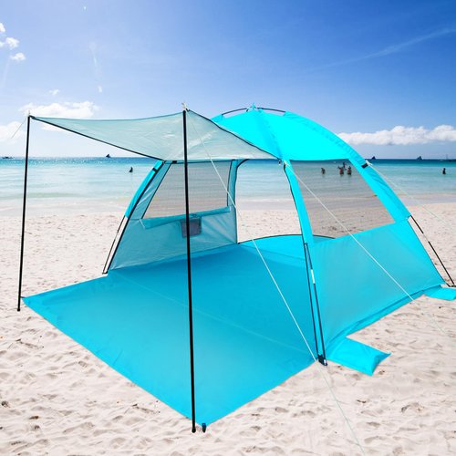 DLUCKY Beach Tent for 1-2-3 Person,Anti-UV Portable Sun Shade Shelter UPF 50+,Both Sides Extendable Floor, Extendable Awning Iron Rod Support,with 2 Ventilating Mesh Windows, Lightweight & Easy Setup