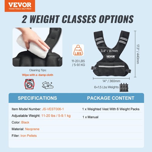 VEVOR Adjustable Weighted Vest, 11-20lb Weight Vest with 6 Ironsand Weights and Reflective Stripe, Body Weight Vest Exercise Set for Men Women, Workout Equipment for Strength Training Running Jogging