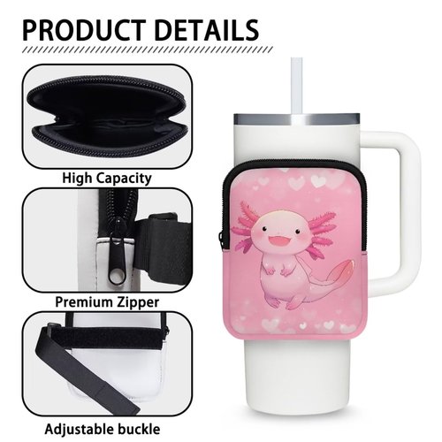 BYCHECAR Axolotl Water Bottle Pouch for Stanley Quencher Adventure 30oz/40oz Tumbler Pouch Bag Zipper Cup Accessories for Phone Earphone Card Storage Holder