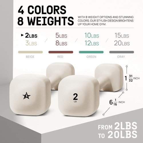 Yes4All Square Neoprene Dumbbell Set for Women/Men, Workout Hand Weight Dumbbells Set of 2, 2lb - 20lb with 4 Colors, Anti-Roll, Anti-Slip Exercise Dumbbells Weights for Home Gym, 2lbs - Beige - Pair