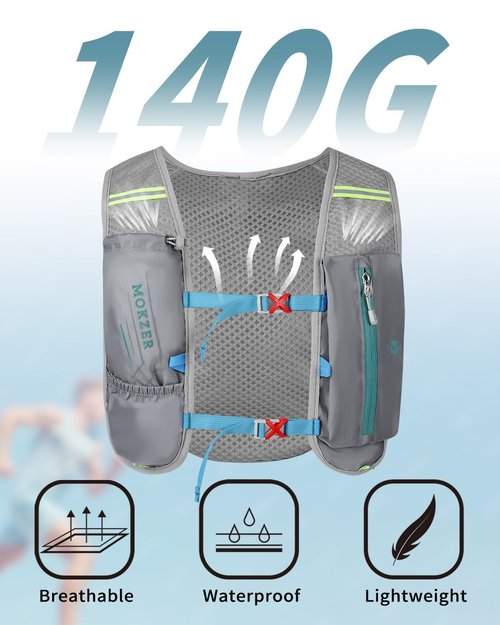 Mokzer Running Hydration Vest with a 2L Water Bladder, Hydration Pack Lightweight Water Backpack for Running Hiking Cycling Marathon Trail for Men Women (Grey (5L) - with a 2L Water Bladder, 5L)