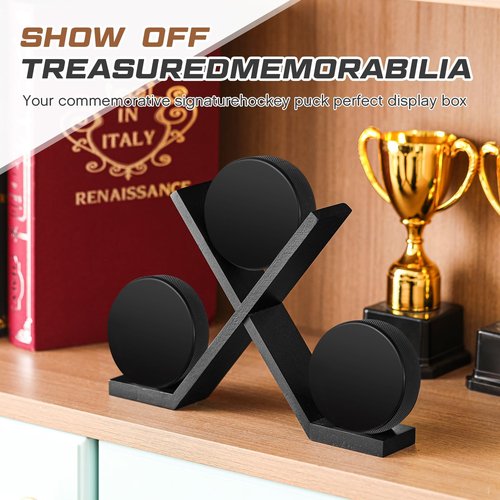 CroBlissful Wooden Hockey Puck Display Case Hockey Puck Holder for 3 Collectibles Display Stand Rack for Sports Players Team Gifts Living Room Bedroom Decoration