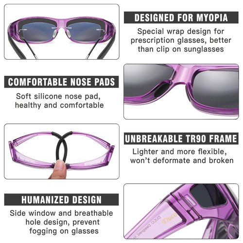 DUCO Polarized Wraparound Fitover Glasses Wear Over Sunglasses for Men Women UV Protection Sun Glasses 8954 (Clear Purple Frame Grey)
