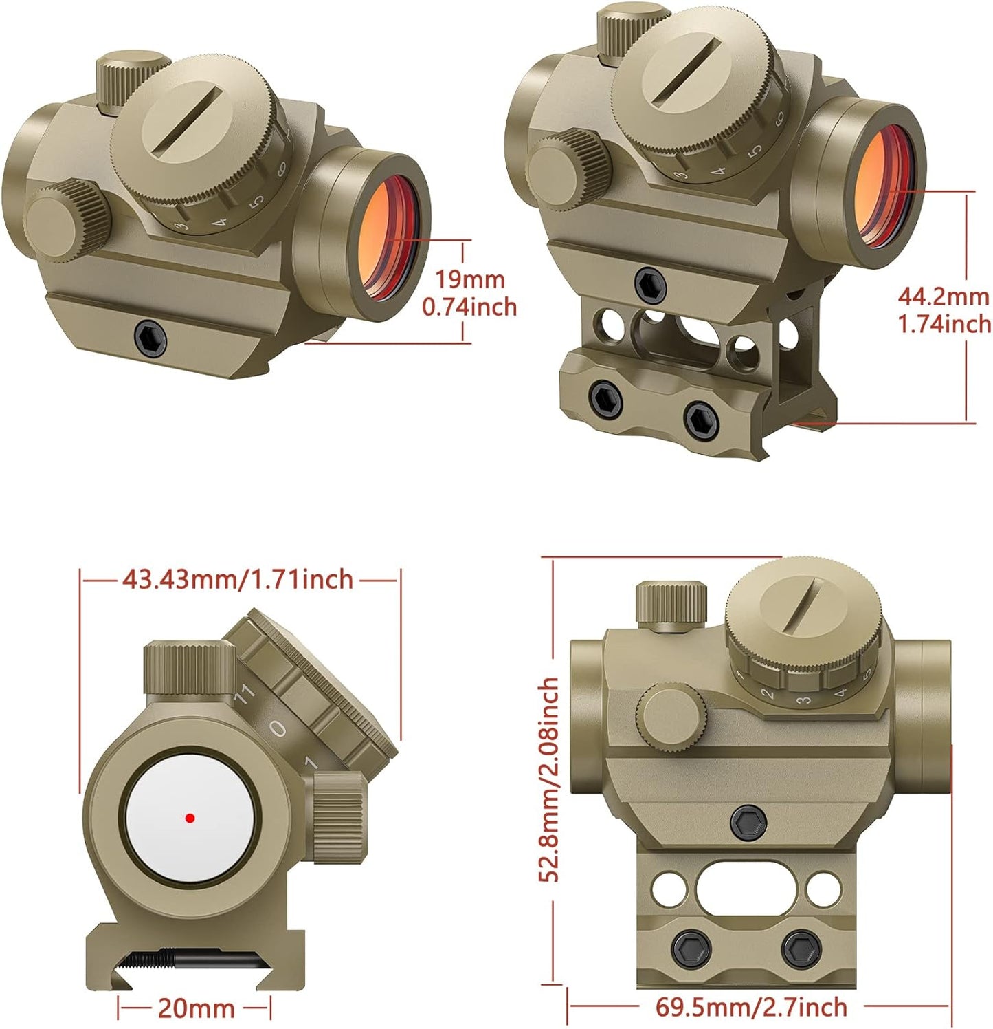 MidTen 2MOA Red Dot Sight 1x25mm Reflex Sight Waterproof & Shockproof & Fog-Proof Red Dot Scope with 1 inch Riser Mount