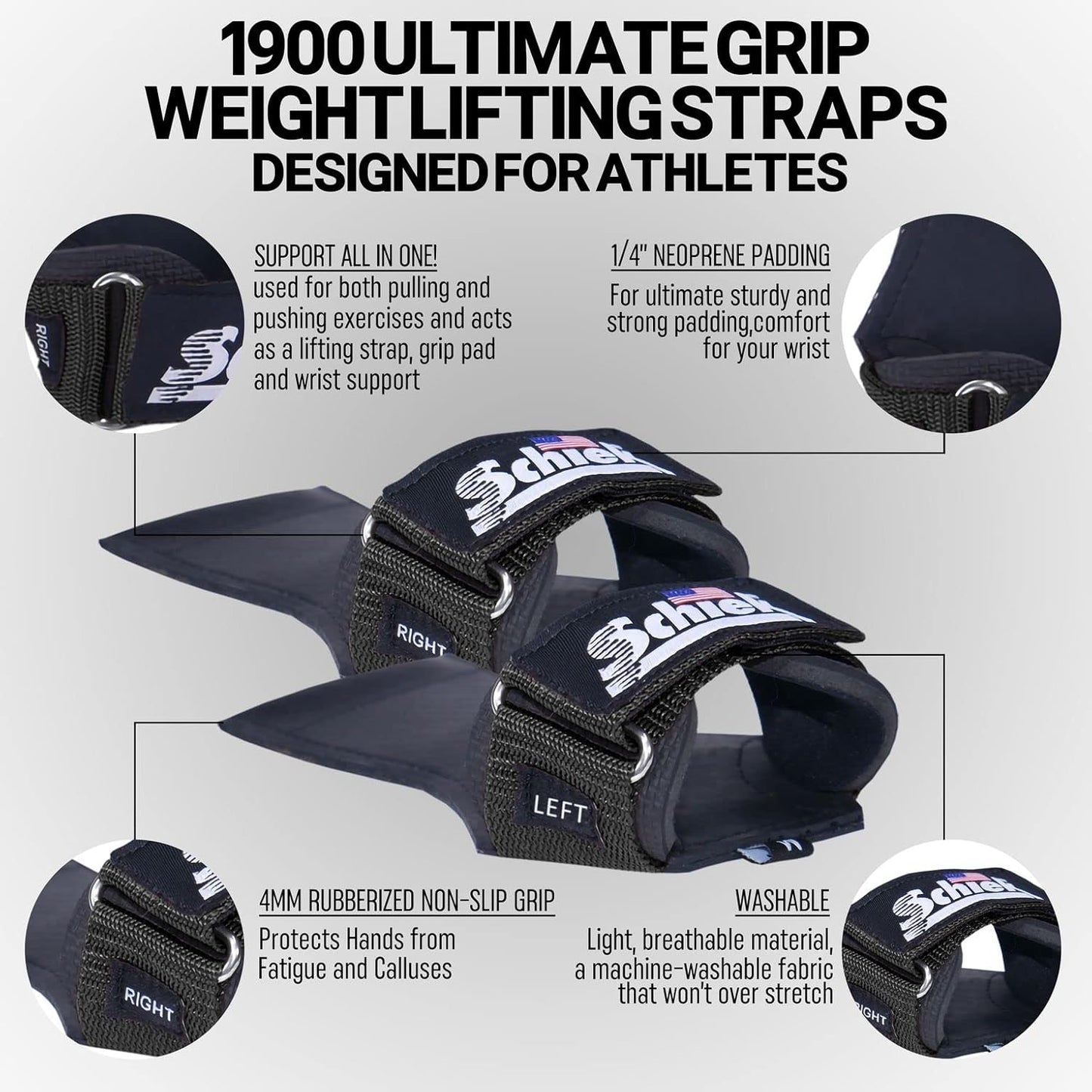 Schiek Sports 1900 Ultimate Hand Grip - 9 mm Thick Neoprene Grips for Weight Lifting - Ultra Durable Non Slip Secure Grip