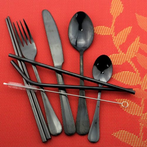 8 Pieces Stainless Steel Mirror Poblished Flatware Set Reusable Cutlery Set Travel Utensils Set with Straws for Camping Office or School Lunch,Dishwasher Safe (Rose Gold)