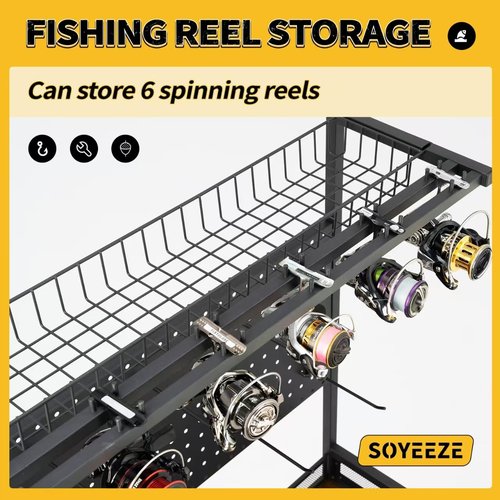 SOYEEZE Fishing Rod Holders for Garage,Fishing Gear Holder for Fishing Rod Tackle Box Storage，Fishing Pole Holders for 12 Rods with Hooks and Pegboard,Fishing Cart with Reel Rack