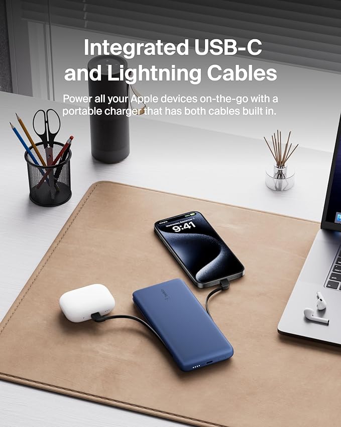 Belkin Portable Charger, Power Bank 10000 mAh, 23W w/Integrated Lightning Cable & USB-C Cable - iPhone Charger Battery Pack for Apple iPhone 16, 15, 14, Galaxy S25, Pixel 9, Travel Essentials - Blue