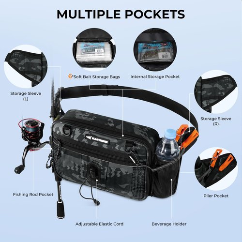 KastKing BaitSpace Waist Bag – Waterproof Tackle Storage Bag With Adjustable Belt, Fishing Fanny Pack for Men, Soft Bait Organizer, 3600 Utility Box, Rod Holder, Nylon, Black Camo