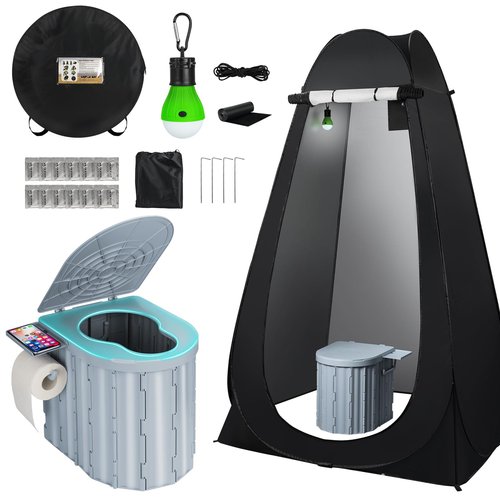 Thallike Portable Camping Toilet with Pop-Up Privacy Tent, 12-inch Toilet Seat, Outdoor Portable Folding toilet Potty for Adults Load Capacity of 400 Lbs, LED-Light Camping Bathroom