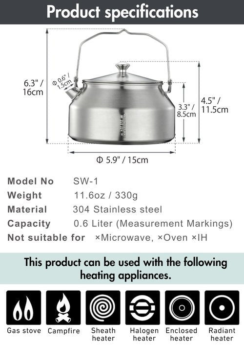 CAMPINGMOON 1L Campfire Kettle Seamless One-Piece Stainless Steel Wide Bottom Wide Spout Integrated Molding Camping Outdoor Water Boiler SW-1