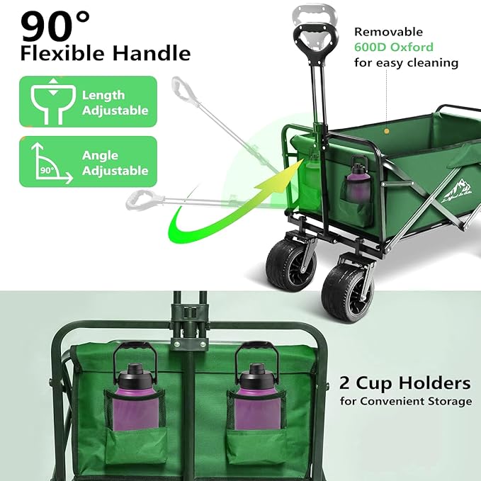 Collapsible Wagon Foldable Cart Heavy Duty, Large Capacity Grocery Beach Wagon for Camping Shopping, Green