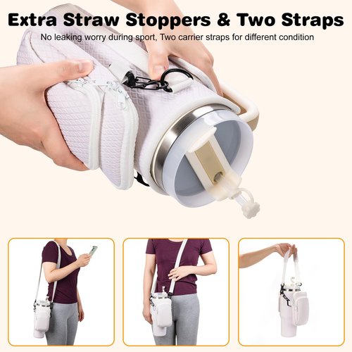 Water Bottle Carrier Bag with Removable Phone Pocket for Stanley 40oz Tumbler, Stanley Purse for Spots&Outdoors, Stanley Cup Accessories with Adjustable Shoulder & Hand Strap, White
