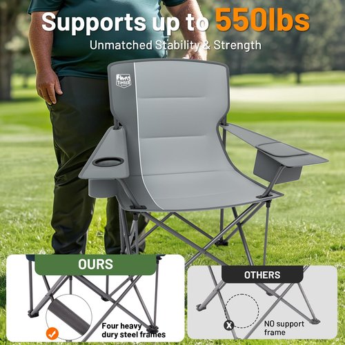 TIMBER RIDGE Oversized Folding Camping Chair for Adults, Support 550 LBS Heavy Duty with Cup Holder Side Pocket for Camping, Lawn, Picnic, Grey