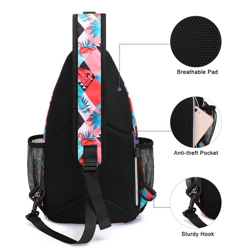MOSISO Crossbody Sling Backpack, Portable Travel Hiking Daypack Chest Sling Bag Casual Daypack One Strap Chest Backpack for Women Men Outdoor Hiking Travel, Flamingo&Rhombic Grid