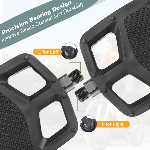 PP 9/16 Inch Mountain Bike Pedals - 1 Pair with Reflective Strips, Non-Skid Platforms, Waterproof for Road, Mountain, E-Bike & BMX