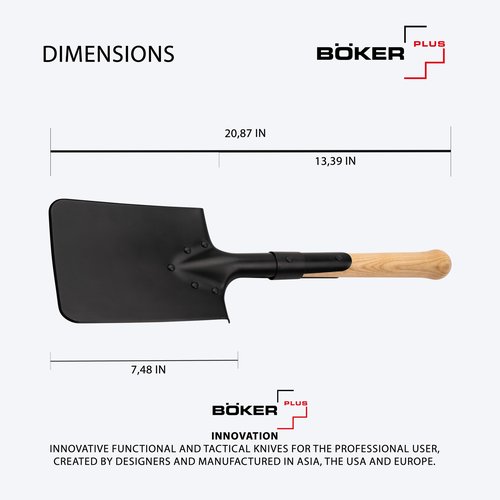 Boker Plus® Shovel M1874 - German Field Spade with Wooden Handle - Army Short Spade Based on Historic Pioneer Spade - Short Outdoor Shovel with Bag for bushcraft, Camping and Survival Equipment